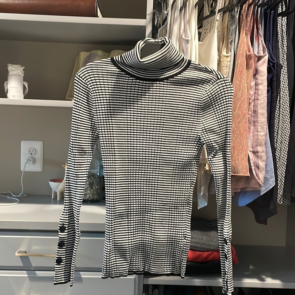 Black and white stripe turtleneck by Anthropologie.